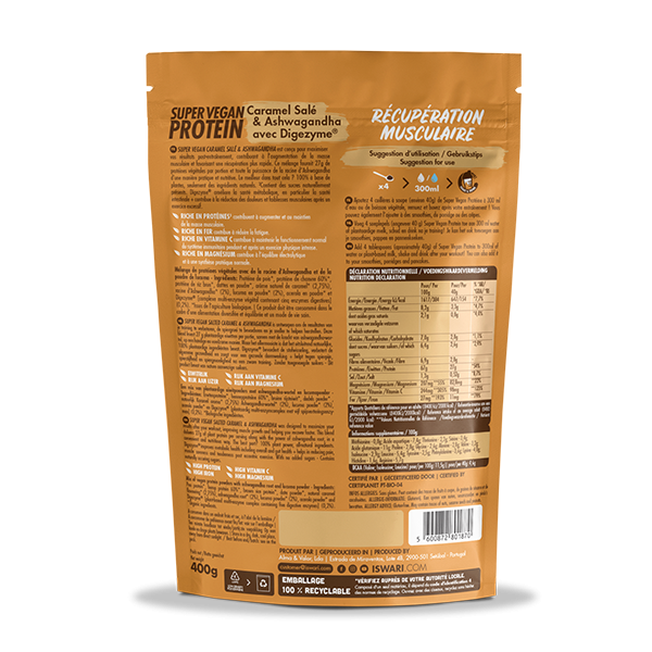 ISWARI_ Super Vegan Protein Caramel salé & Ashwagandha avec DIGEZYME® - 400g _VERSO_PACKSHOT