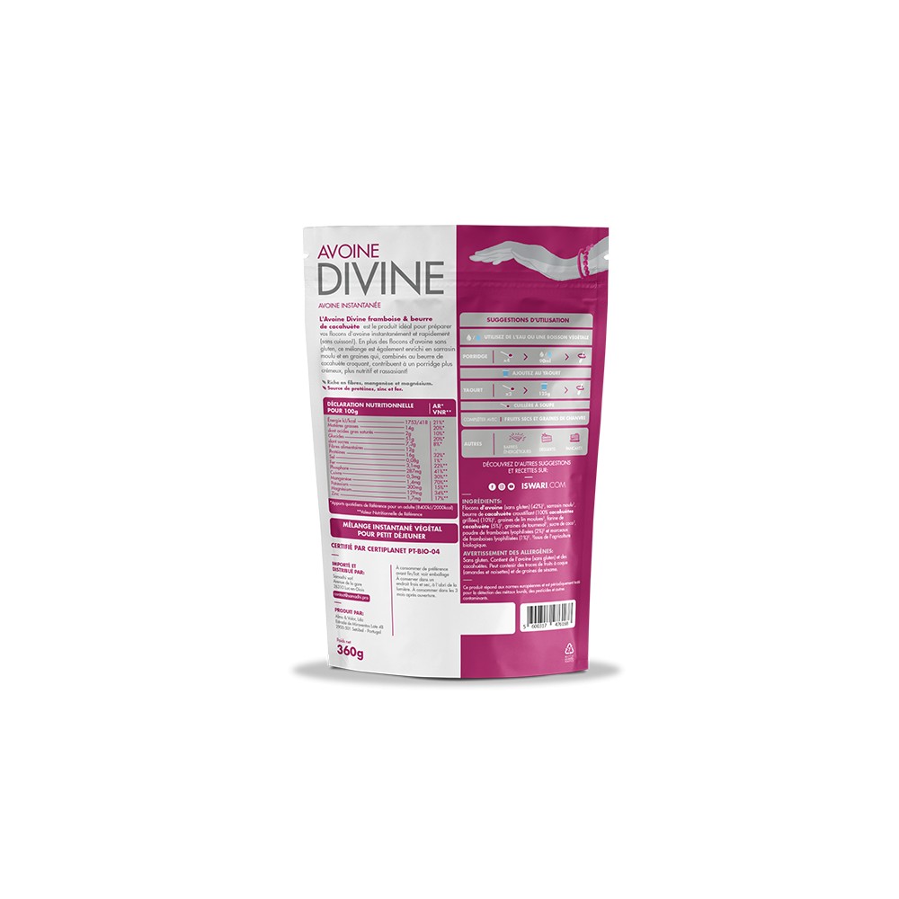 ISWARI_ Avoine Divine Cacahuette Framboise - 360g _VERSO_PACKSHOT