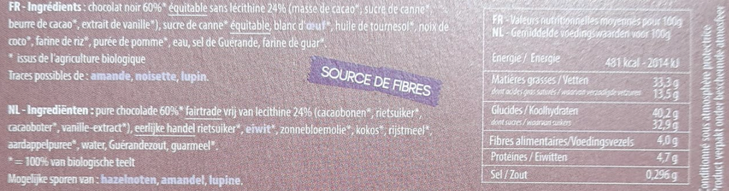 Fondant Chocolat Noir Bio - 170g - Nutri info